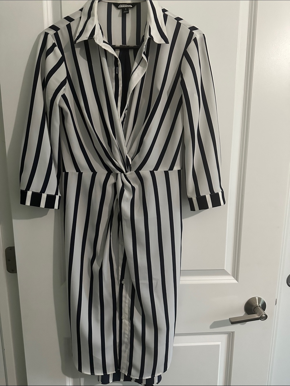 Striped Twist-Front Shirt Dress in Black and White